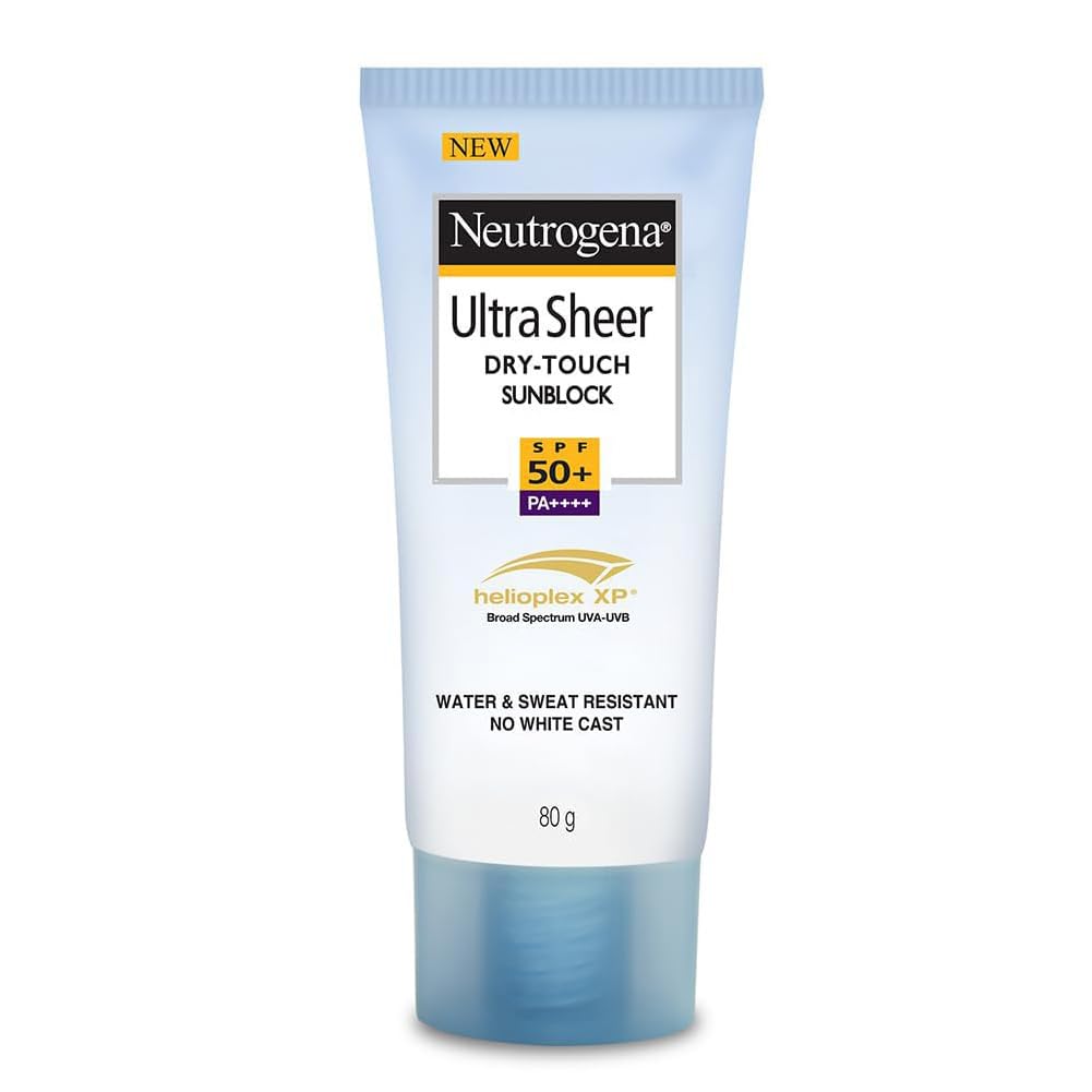 Neutrogena Ultra Sheer Sunscreen SPF 50+ | Broad Spectrum UVA/UVB | Blue light protect | No White Cast | Water resistant, Ultra light & Non sticky | Oily, Dry & Sensitive Skin | 80 g (Pack of 1)