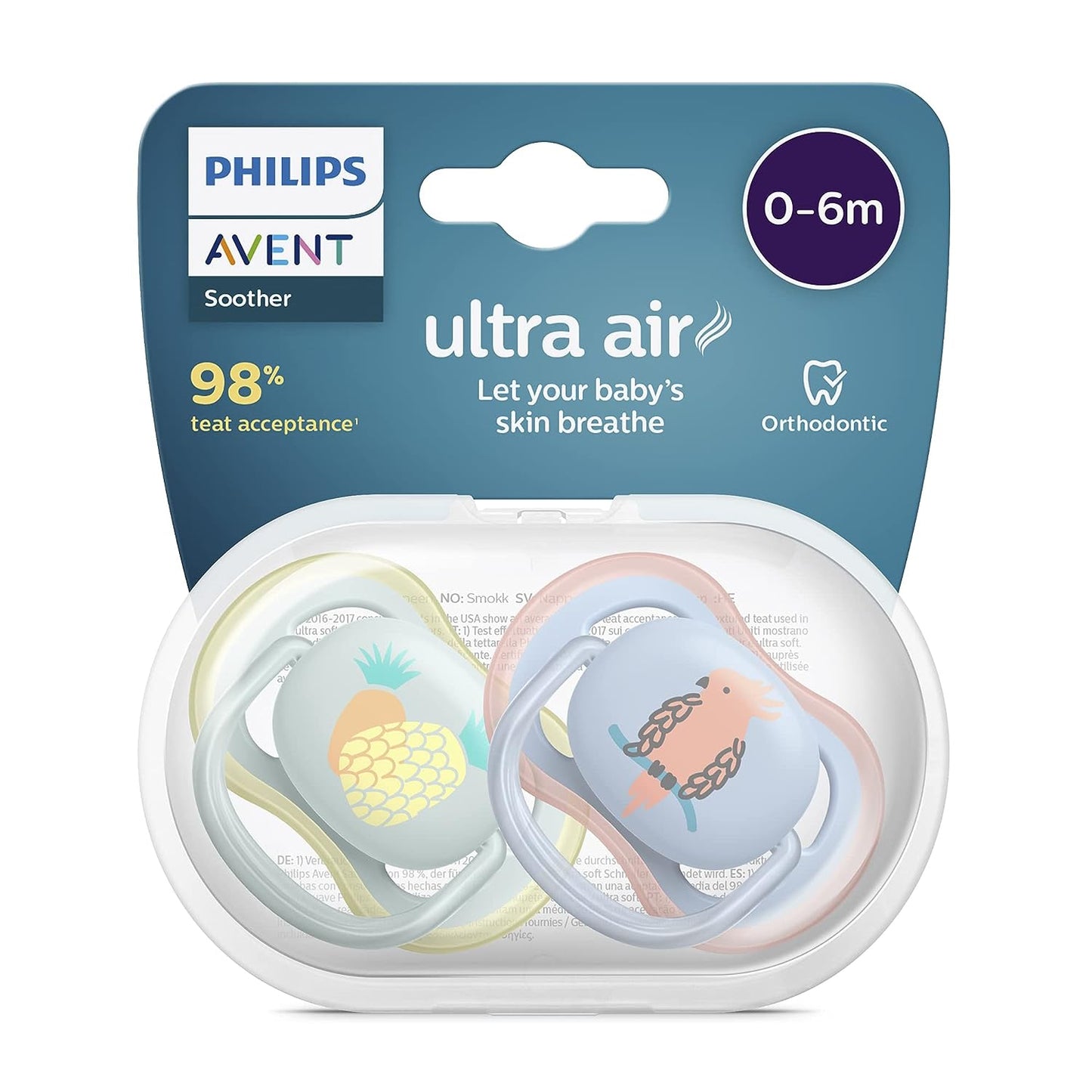 Philips Avent Ultra Air Soother - 2 x Light, Breathable Baby Soothers for Babies Aged 0-6 Months, BPA-Free with Steriliser Carry Case (SCF058/59)