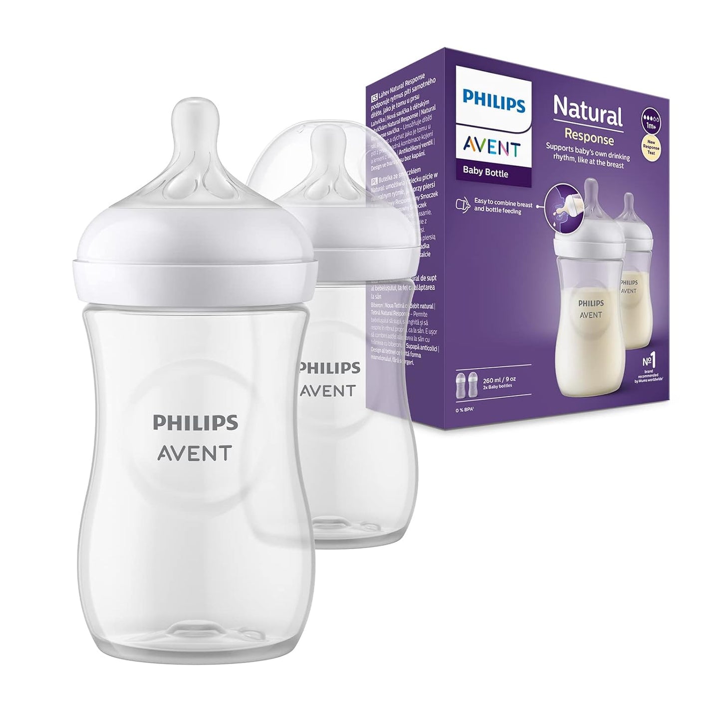 Philips Avent Natural Response Baby Feeding Bottle - 260ml Baby Milk Bottle Pack of 2, BPA Free for Babies 1 Month+ Teat, (Model SCY903/02)