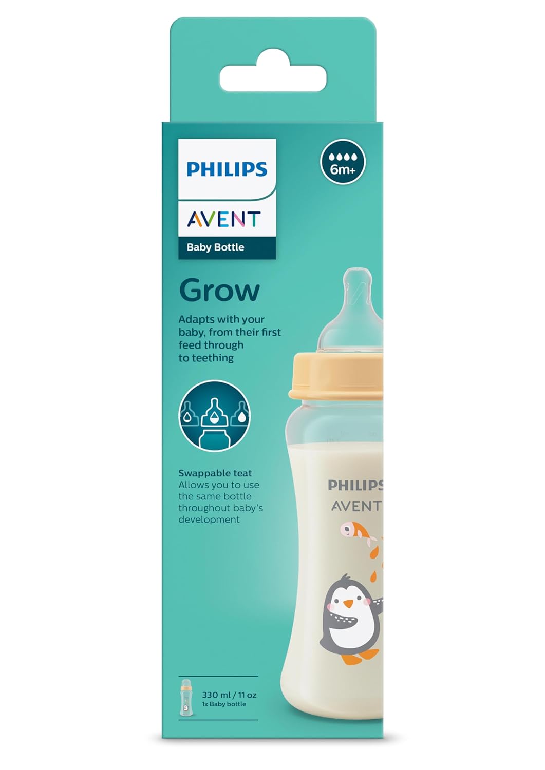 Philips Avent Grow Feeding Bottle 330ml | Anti-Colic | Easy Fill,Easy Clean|BPA Free | with 6M+ Flow Teat | Made in India (SCF064/01)