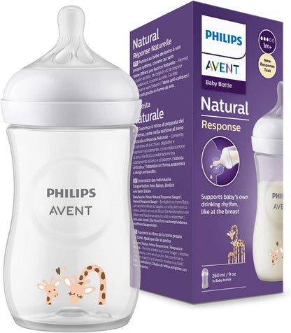 Philips Avent Natural Response Baby Bottle - 260ml Baby Milk Bottle, BPA Free for Babies 1 Month+, Giraffe Pattern (Model SCY903/66)