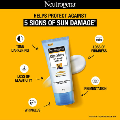 Neutrogena Ultra Sheer Sunscreen SPF 50+ | Broad Spectrum UVA/UVB | Blue light protect | No White Cast | Water resistant, Ultra light & Non sticky | Oily, Dry & Sensitive Skin | 80 g (Pack of 1)