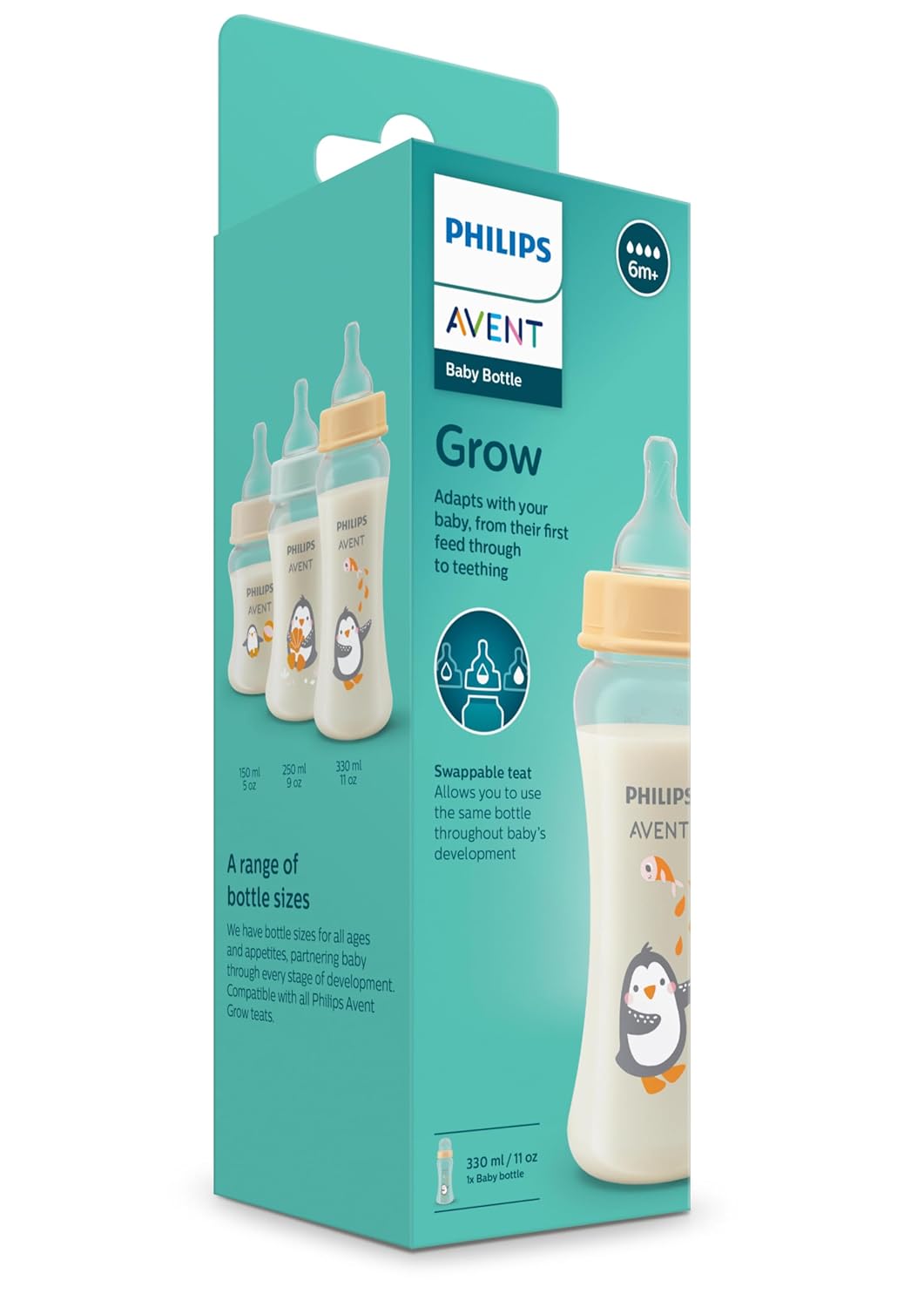 Philips Avent Grow Feeding Bottle 330ml | Anti-Colic | Easy Fill,Easy Clean|BPA Free | with 6M+ Flow Teat | Made in India (SCF064/01)