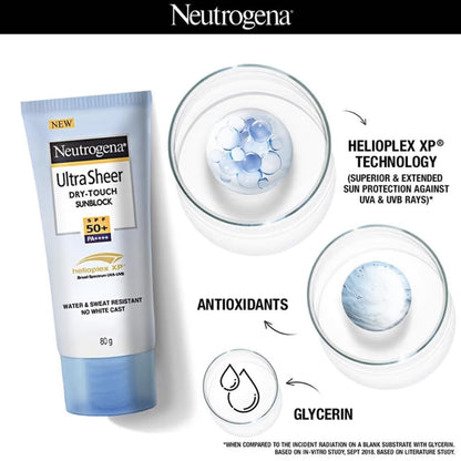 Neutrogena Ultra Sheer Sunscreen SPF 50+ | Broad Spectrum UVA/UVB | Blue light protect | No White Cast | Water resistant, Ultra light & Non sticky | Oily, Dry & Sensitive Skin | 80 g (Pack of 1)