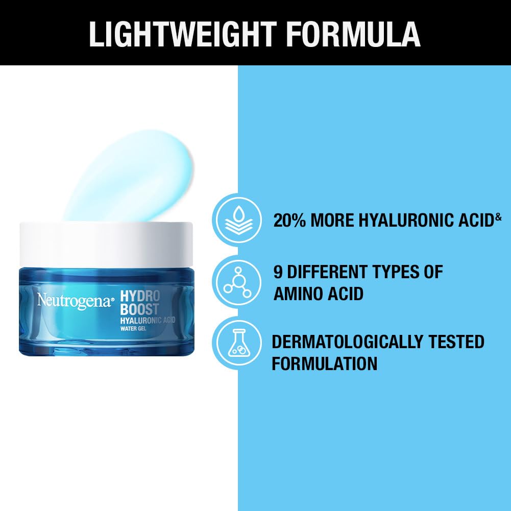 Neutrogena Hydro Boost Hyaluronic Acid Face Moisturizer 50ml | 24 hours long lasting Hydration | Oil free non sticky light water gel fast absorbing| Daily use | All Skin Types | For Men & Women 50g